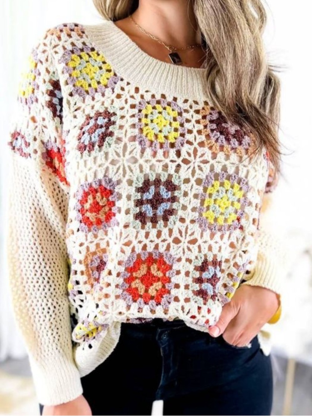 Pol sweater medium granny square knit Cream Crochet Floral Open-Knit NWOT